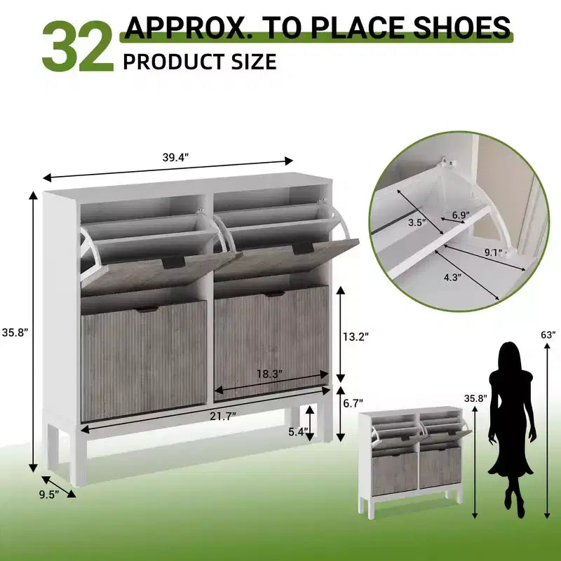 Scarpiera stretta a 4 cassetti con gambe in metallo, Nero e Rovere / Bianco e Grigio / Bianco e Rovere, Contiene 32 paia