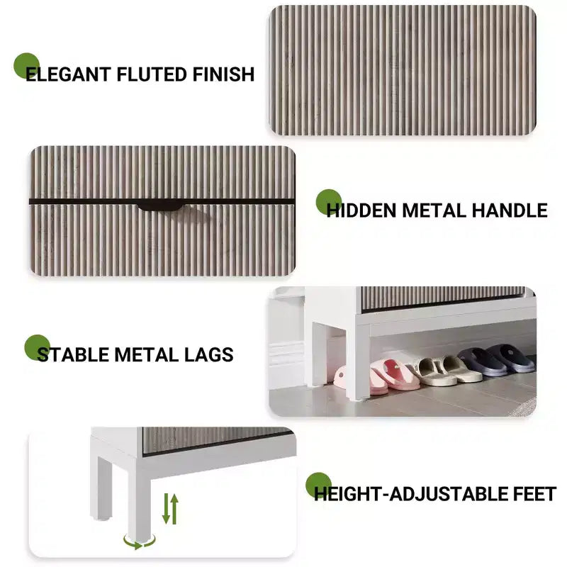 Scarpiera stretta a 4 cassetti con gambe in metallo, Nero e Rovere / Bianco e Grigio / Bianco e Rovere, Contiene 32 paia