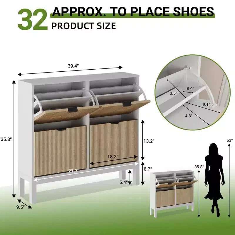 Scarpiera stretta a 4 cassetti con gambe in metallo, Nero e Rovere / Bianco e Grigio / Bianco e Rovere, Contiene 32 paia