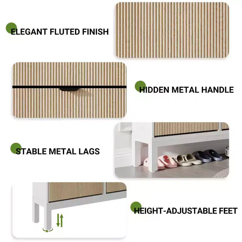 Scarpiera stretta a 4 cassetti con gambe in metallo, Nero e Rovere / Bianco e Grigio / Bianco e Rovere, Contiene 32 paia
