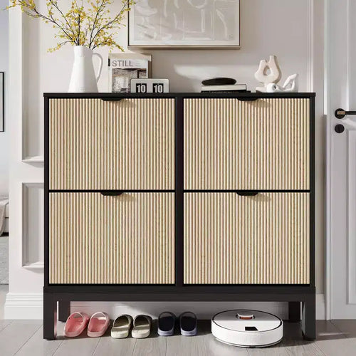Scarpiera stretta a 4 cassetti con gambe in metallo, Nero e Rovere / Bianco e Grigio / Bianco e Rovere, Contiene 32 paia