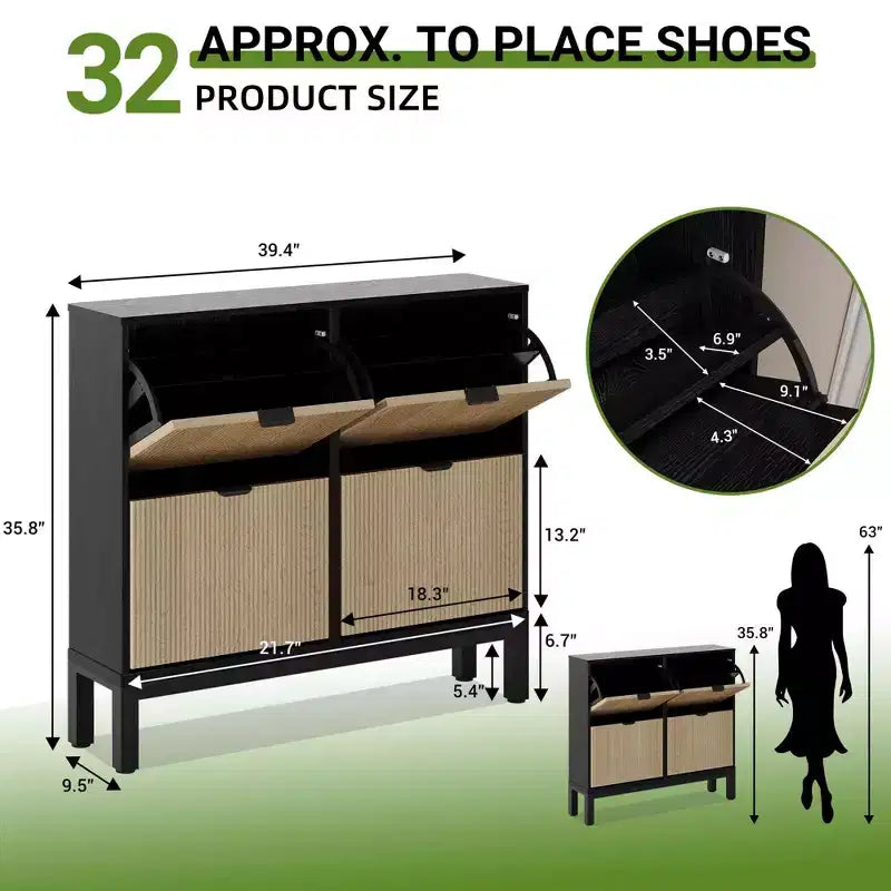 Scarpiera stretta a 4 cassetti con gambe in metallo, Nero e Rovere / Bianco e Grigio / Bianco e Rovere, Contiene 32 paia