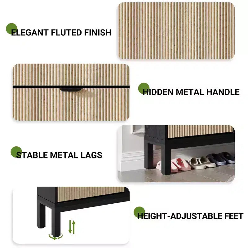 Scarpiera stretta a 4 cassetti con gambe in metallo, Nero e Rovere / Bianco e Grigio / Bianco e Rovere, Contiene 32 paia