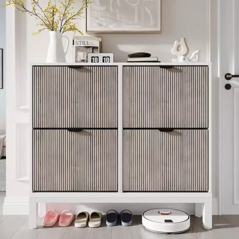 Scarpiera stretta a 4 cassetti con gambe in metallo, Nero e Rovere / Bianco e Grigio / Bianco e Rovere, Contiene 32 paia