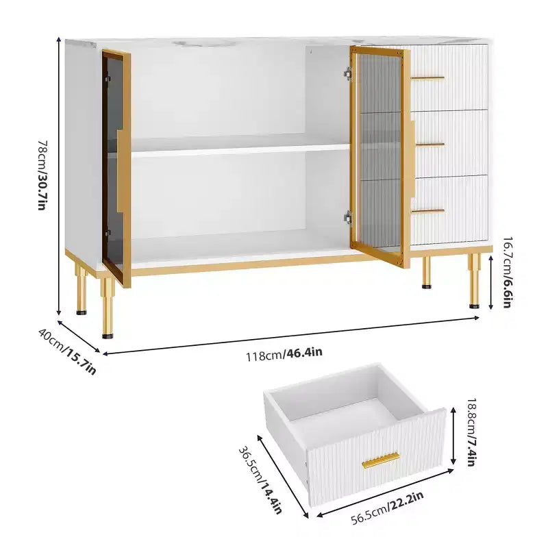 Madia/Buffet con piano effetto marmo bianco/nero, ante in vetro e cassetti – Utilizzo per 1 persona