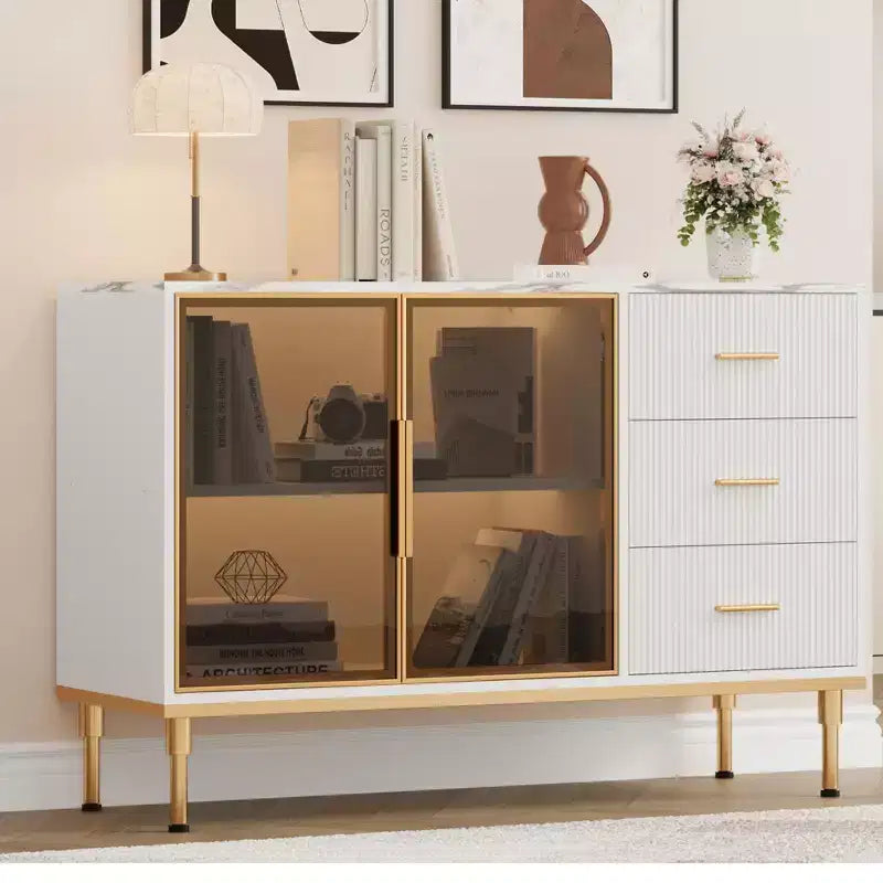 Madia/Buffet con piano effetto marmo bianco/nero, ante in vetro e cassetti – Utilizzo per 1 persona