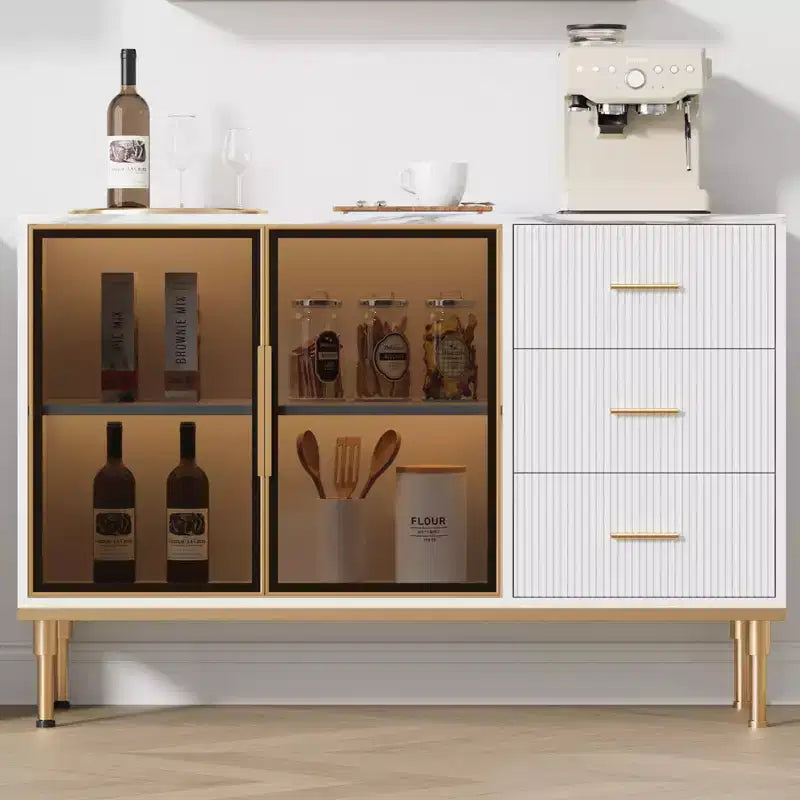 Madia/Buffet con piano effetto marmo bianco/nero, ante in vetro e cassetti – Utilizzo per 1 persona