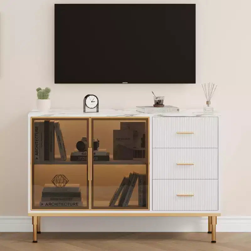 Madia/Buffet con piano effetto marmo bianco/nero, ante in vetro e cassetti – Utilizzo per 1 persona