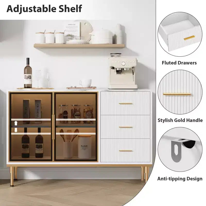Madia/Buffet con piano effetto marmo bianco/nero, ante in vetro e cassetti – Utilizzo per 1 persona