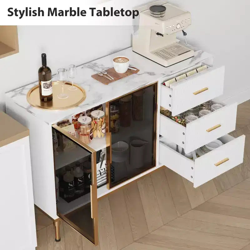 Madia/Buffet con piano effetto marmo bianco/nero, ante in vetro e cassetti – Utilizzo per 1 persona