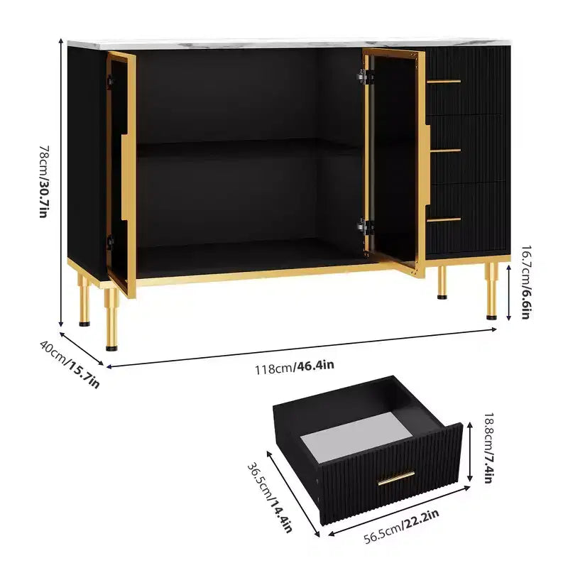 Madia/Buffet con piano effetto marmo bianco/nero, ante in vetro e cassetti – Utilizzo per 1 persona