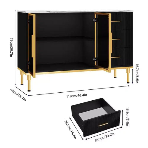 Madia/Buffet con piano effetto marmo bianco/nero, ante in vetro e cassetti – Utilizzo per 1 persona