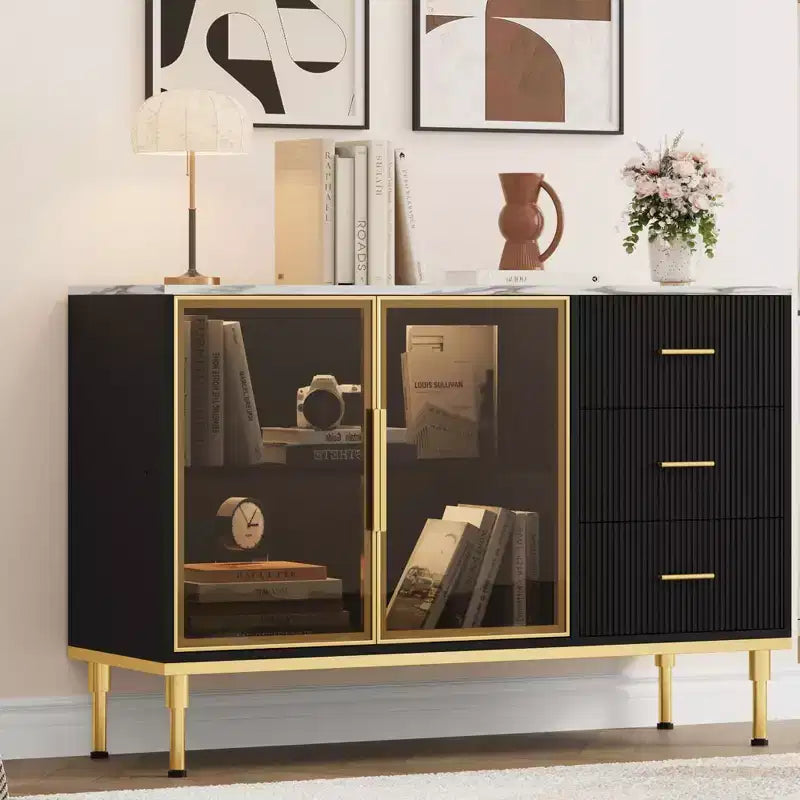 Madia/Buffet con piano effetto marmo bianco/nero, ante in vetro e cassetti – Utilizzo per 1 persona