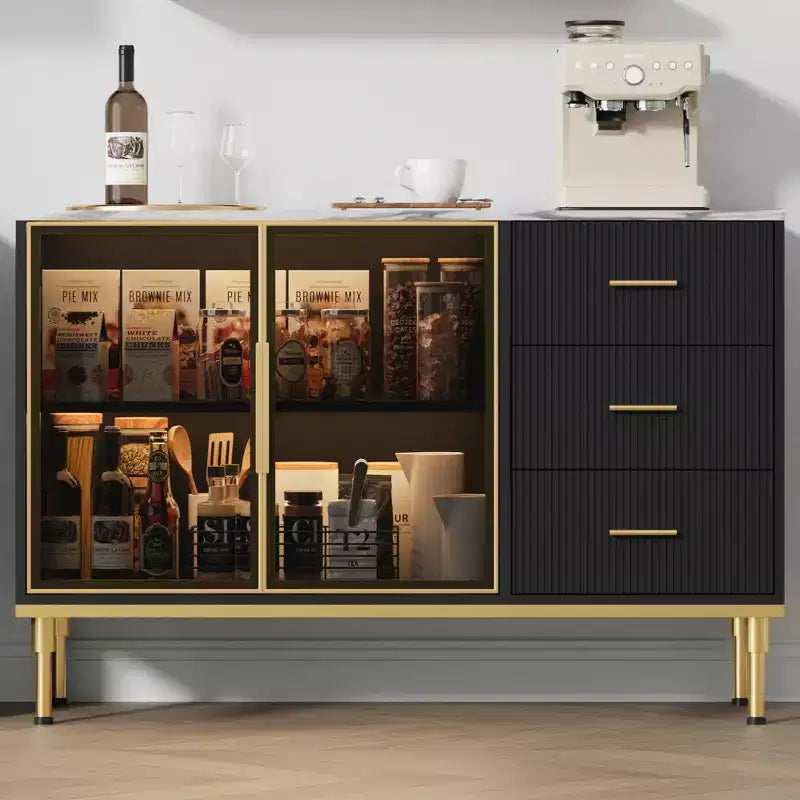 Madia/Buffet con piano effetto marmo bianco/nero, ante in vetro e cassetti – Utilizzo per 1 persona