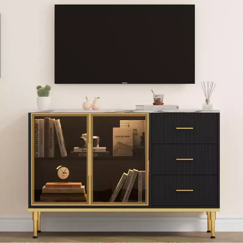 Madia/Buffet con piano effetto marmo bianco/nero, ante in vetro e cassetti – Utilizzo per 1 persona