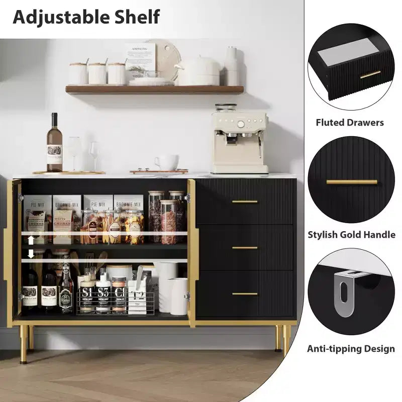 Madia/Buffet con piano effetto marmo bianco/nero, ante in vetro e cassetti – Utilizzo per 1 persona