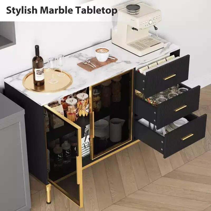 Madia/Buffet con piano effetto marmo bianco/nero, ante in vetro e cassetti – Utilizzo per 1 persona