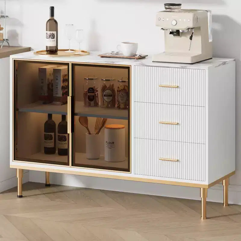 Madia/Buffet con piano effetto marmo bianco/nero, ante in vetro e cassetti – Utilizzo per 1 persona
