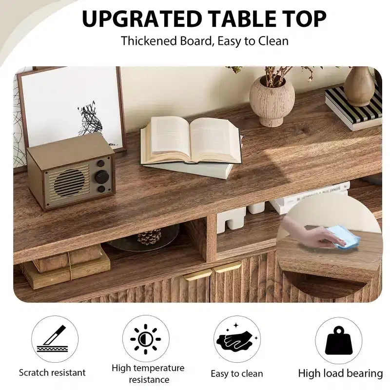 Credenza scanalata in bianco antico / noce / colore legno, armadio a 4 ante