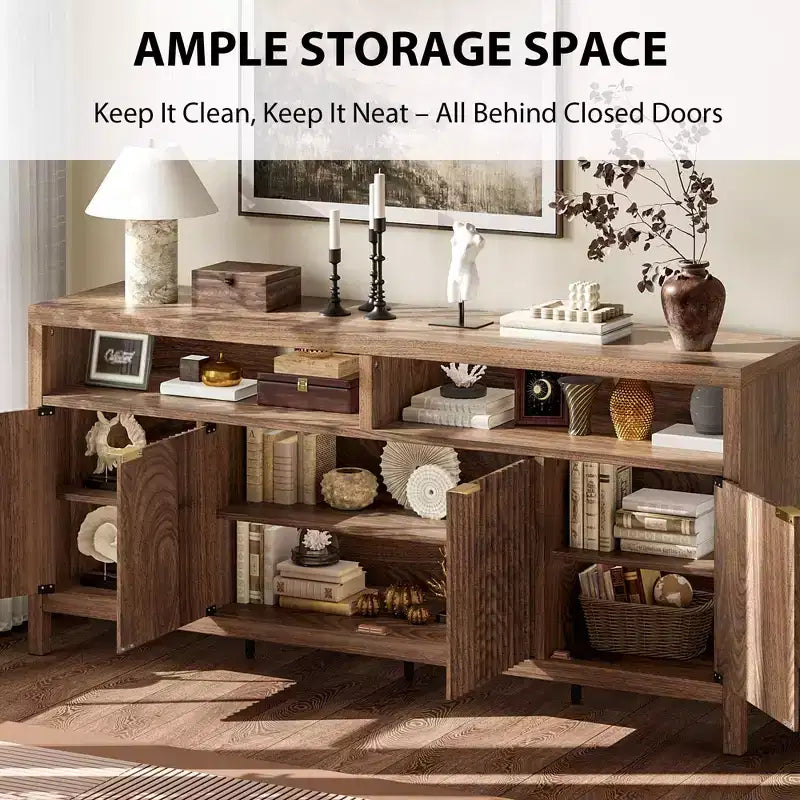 Credenza scanalata in bianco antico / noce / colore legno, armadio a 4 ante
