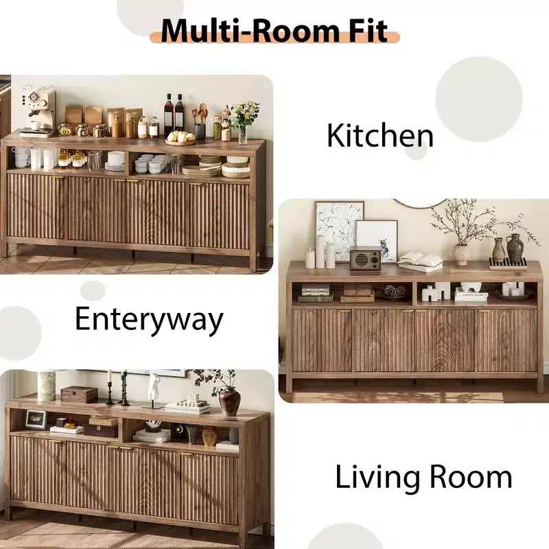 Credenza scanalata in bianco antico / noce / colore legno, armadio a 4 ante