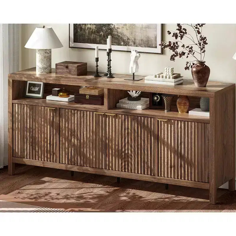 Credenza scanalata in bianco antico / noce / colore legno, armadio a 4 ante