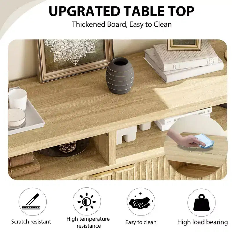 Credenza scanalata in bianco antico / noce / colore legno, armadio a 4 ante