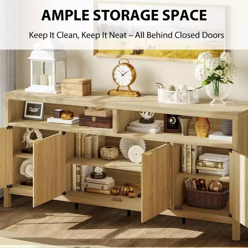 Credenza scanalata in bianco antico / noce / colore legno, armadio a 4 ante