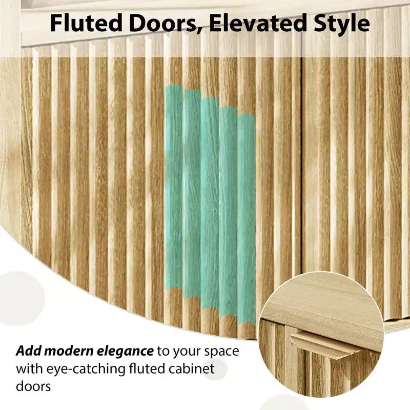 Credenza scanalata in bianco antico / noce / colore legno, armadio a 4 ante