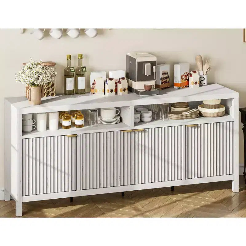 Credenza scanalata in bianco antico / noce / colore legno, armadio a 4 ante