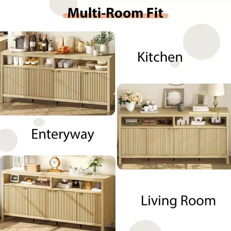 Credenza scanalata in bianco antico / noce / colore legno, armadio a 4 ante