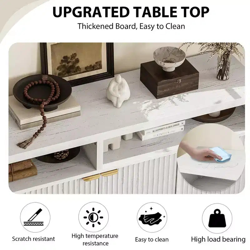 Credenza scanalata in bianco antico / noce / colore legno, armadio a 4 ante