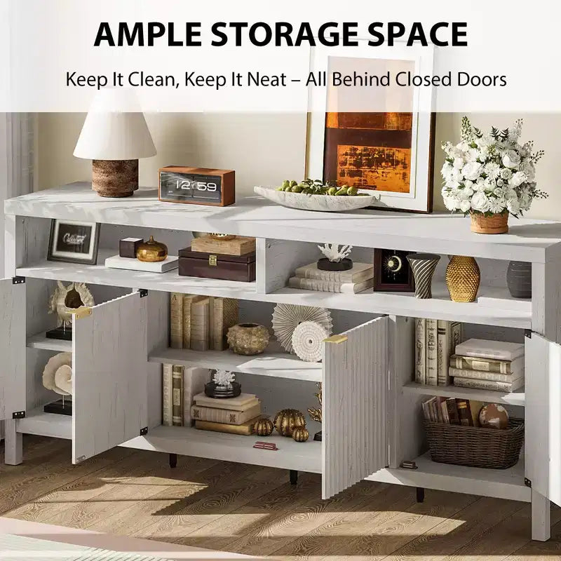 Credenza scanalata in bianco antico / noce / colore legno, armadio a 4 ante