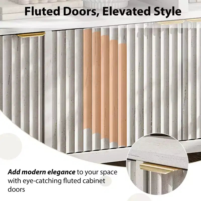 Credenza scanalata in bianco antico / noce / colore legno, armadio a 4 ante