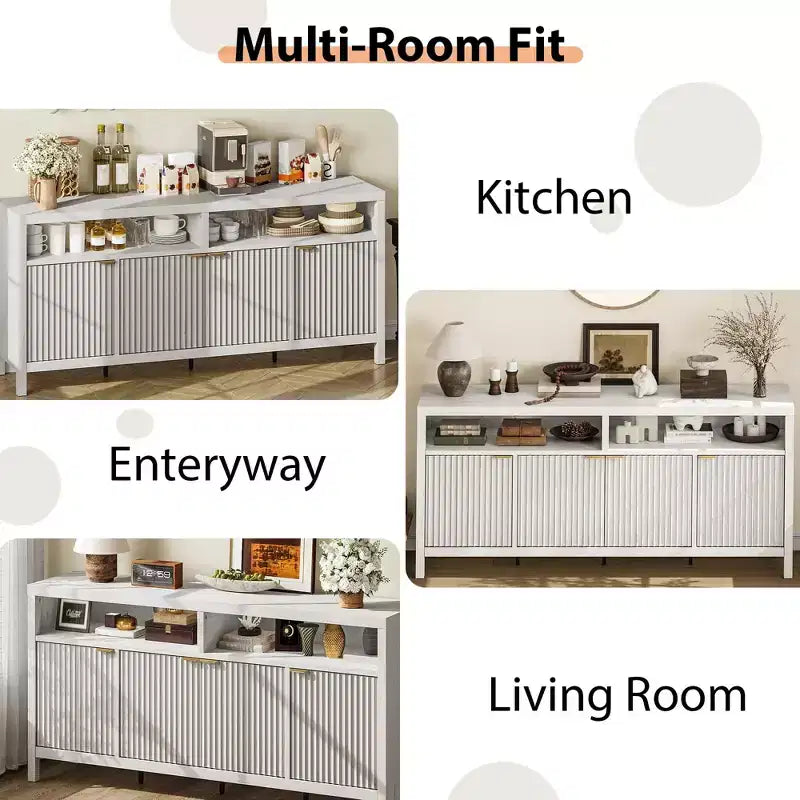 Credenza scanalata in bianco antico / noce / colore legno, armadio a 4 ante