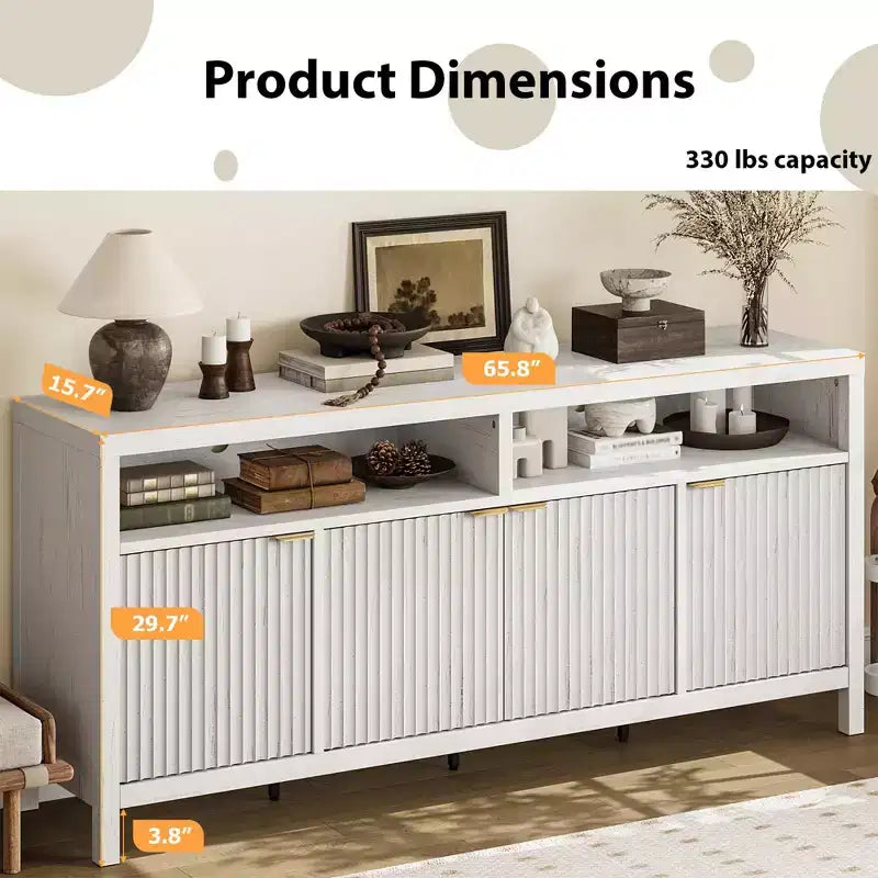 Credenza scanalata in bianco antico / noce / colore legno, armadio a 4 ante