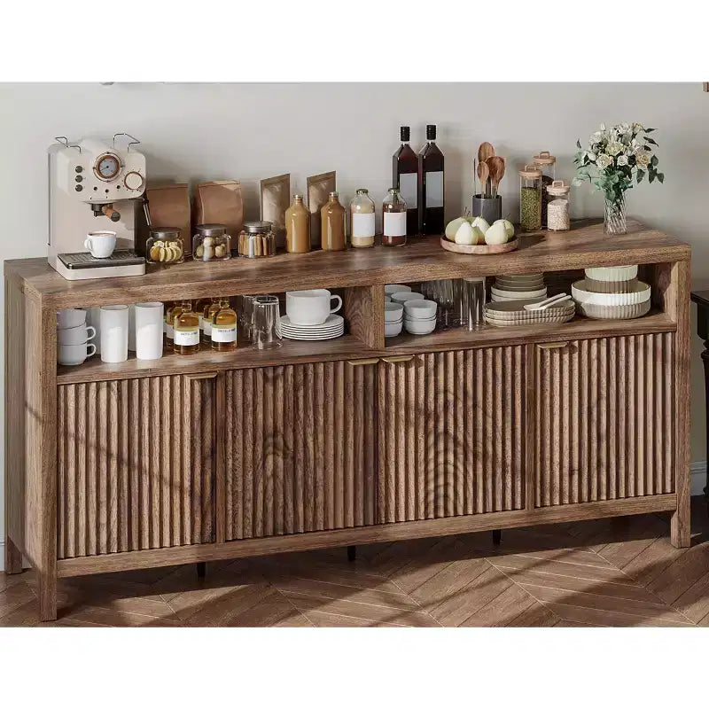 Credenza scanalata in bianco antico / noce / colore legno, armadio a 4 ante