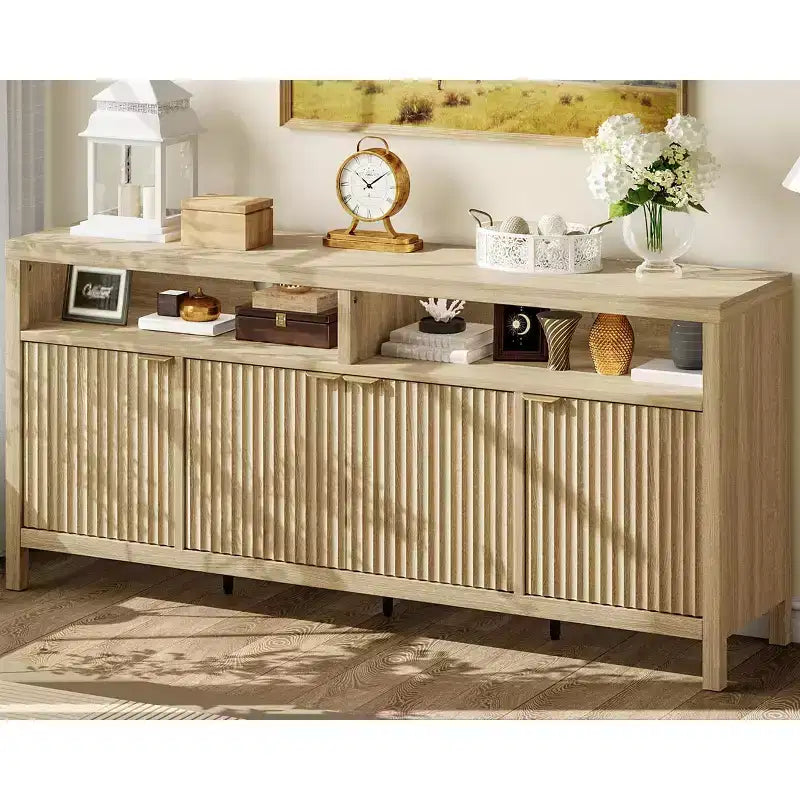 Credenza scanalata in bianco antico / noce / colore legno, armadio a 4 ante
