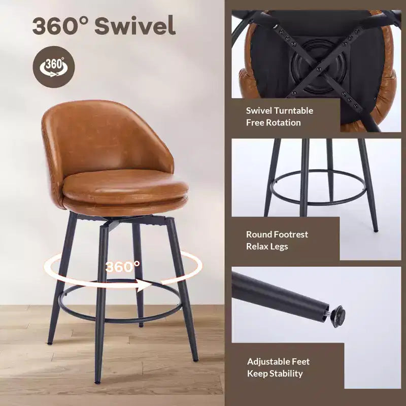 Set di 2 sgabelli da bar girevoli, in pelle sintetica e lino, schienale basso, nero e grigio / marrone / marrone e beige