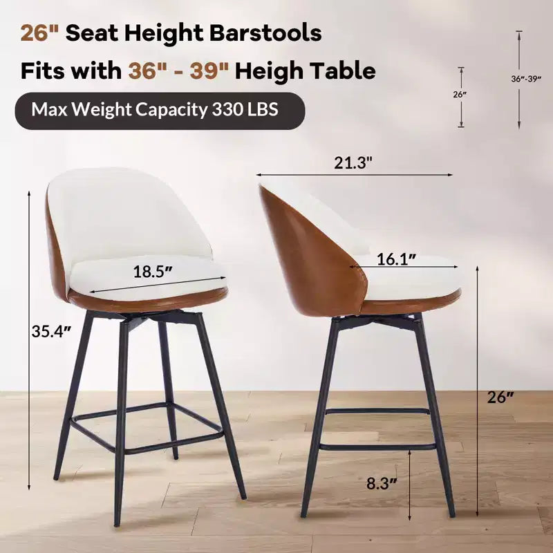Set di 2 sgabelli da bar girevoli, in pelle sintetica e lino, schienale basso, nero e grigio / marrone / marrone e beige