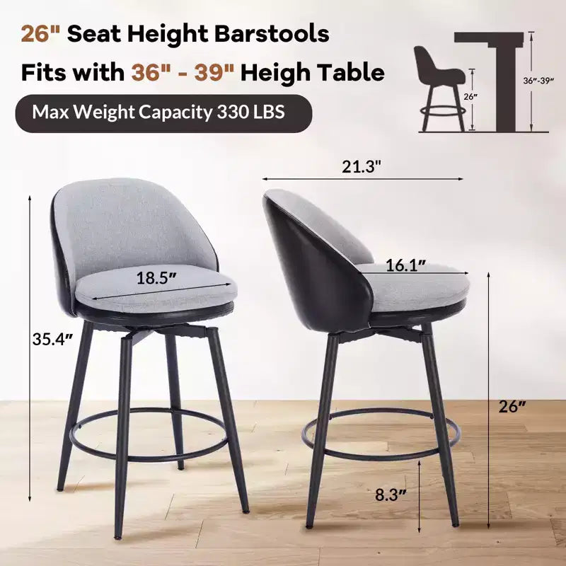 Set di 2 sgabelli da bar girevoli, in pelle sintetica e lino, schienale basso, nero e grigio / marrone / marrone e beige