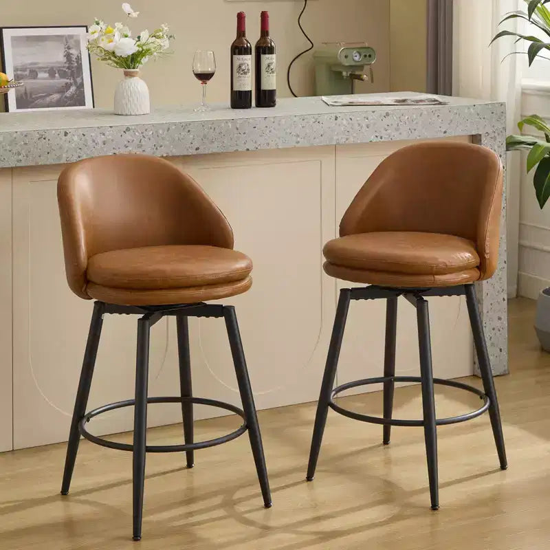Set di 2 sgabelli da bar girevoli, in pelle sintetica e lino, schienale basso, nero e grigio / marrone / marrone e beige