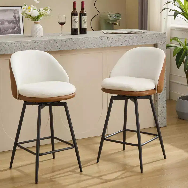 Set di 2 sgabelli da bar girevoli, in pelle sintetica e lino, schienale basso, nero e grigio / marrone / marrone e beige