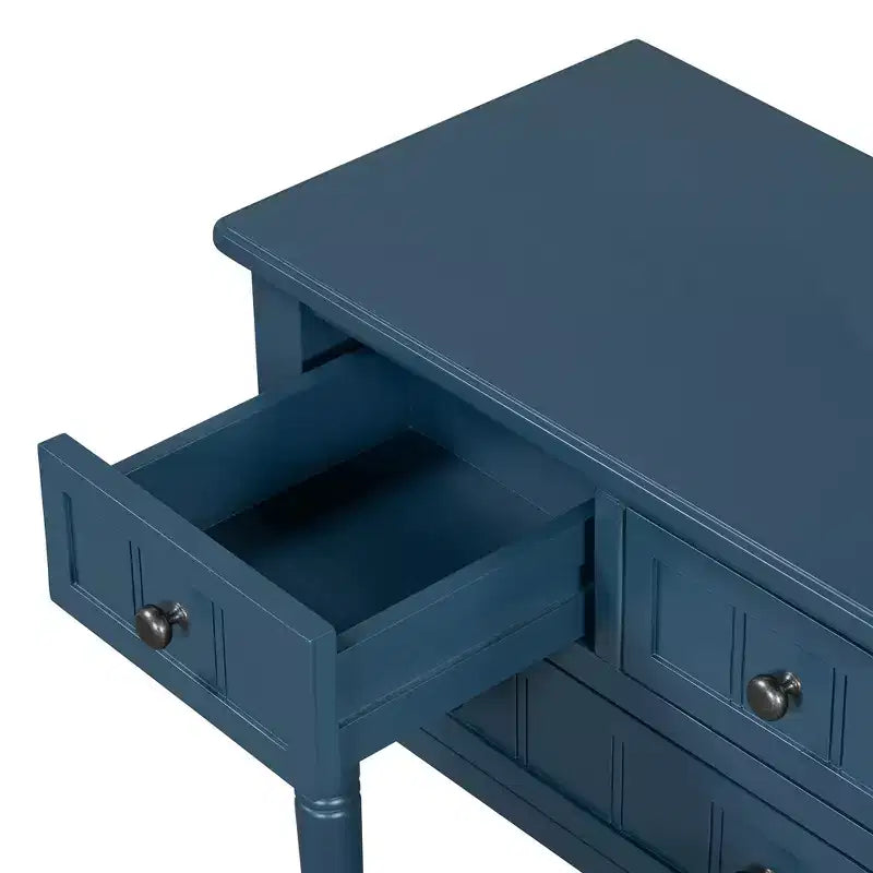 Consolle rettangolare stretta blu scuro, 3 cassetti e ripiano inferiore, in legno