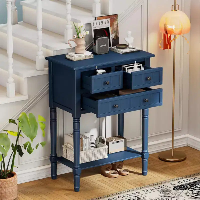 Consolle rettangolare stretta blu scuro, 3 cassetti e ripiano inferiore, in legno