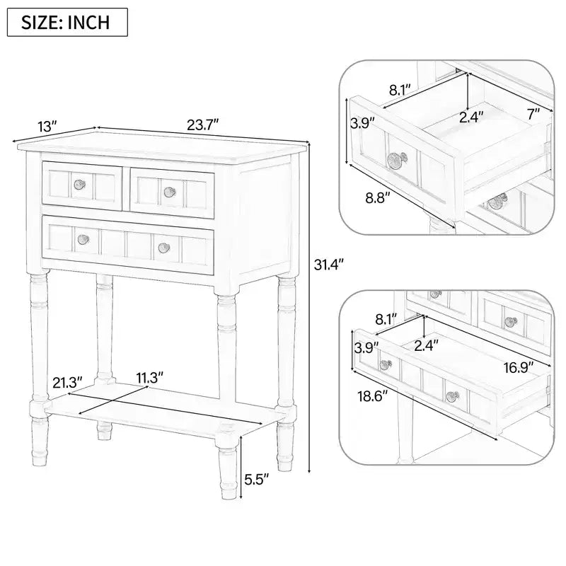 Consolle rettangolare stretta blu scuro, 3 cassetti e ripiano inferiore, in legno