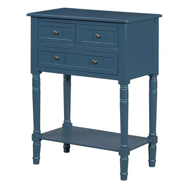 Consolle rettangolare stretta blu scuro, 3 cassetti e ripiano inferiore, in legno