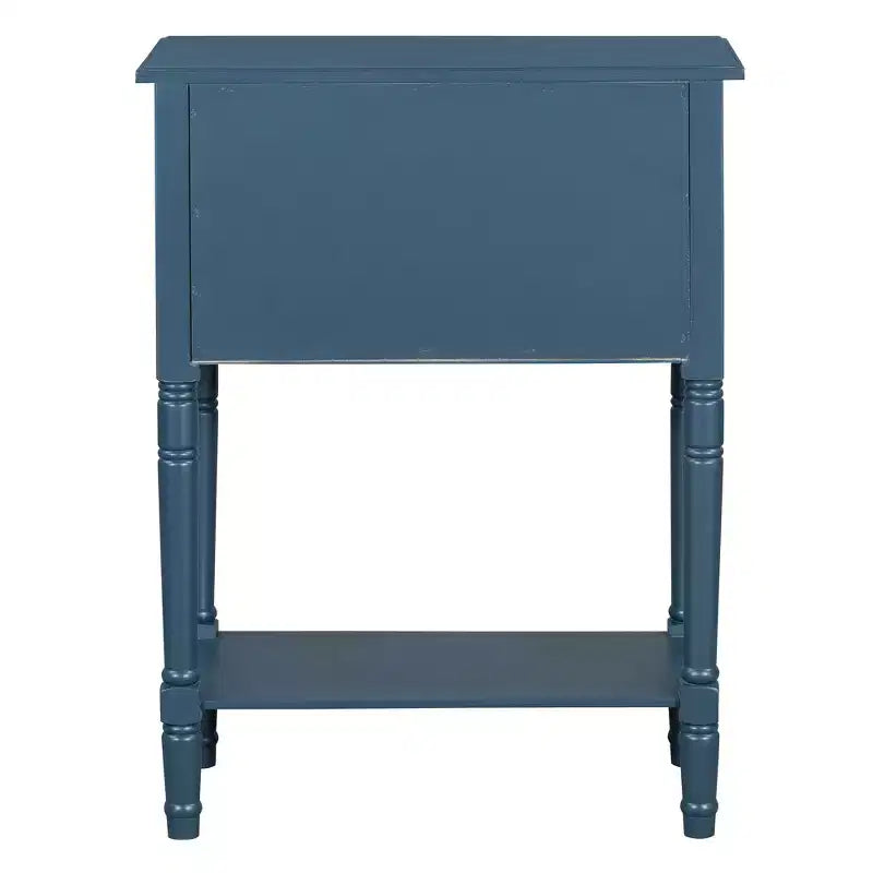 Consolle rettangolare stretta blu scuro, 3 cassetti e ripiano inferiore, in legno