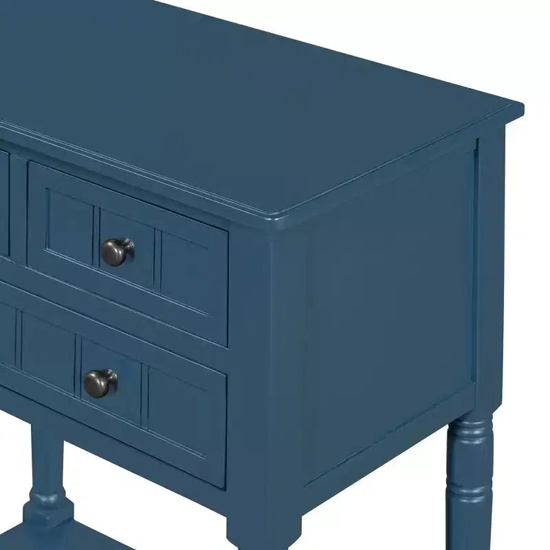 Consolle rettangolare stretta blu scuro, 3 cassetti e ripiano inferiore, in legno