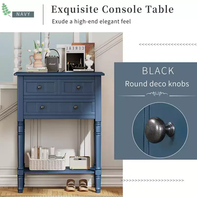 Consolle rettangolare stretta blu scuro, 3 cassetti e ripiano inferiore, in legno